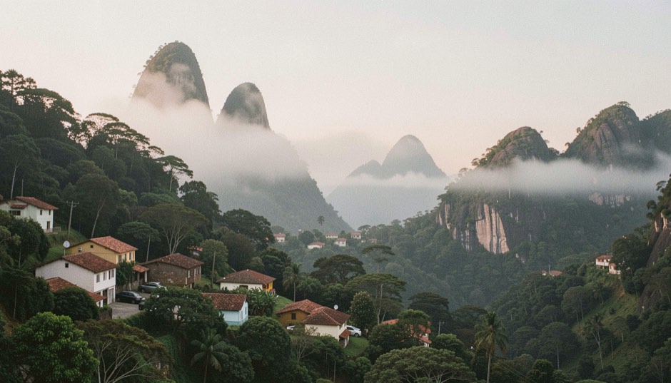 Neblina subindo por um vale de mata atlântica ao amanhecer, com casas de telhado de barro espalhadas na encosta e picos de granito recortados ao fundo