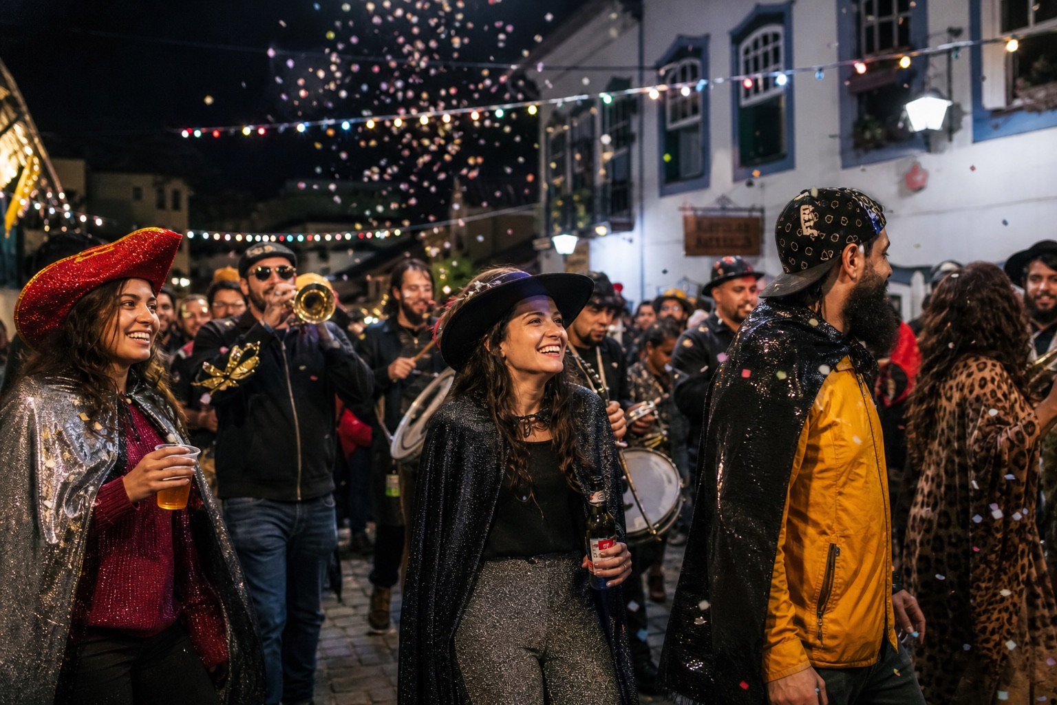 Carnaval de rua à noite numa cidade serrana: fantasias com capas, confete e luzes coloridas sobre a multidão