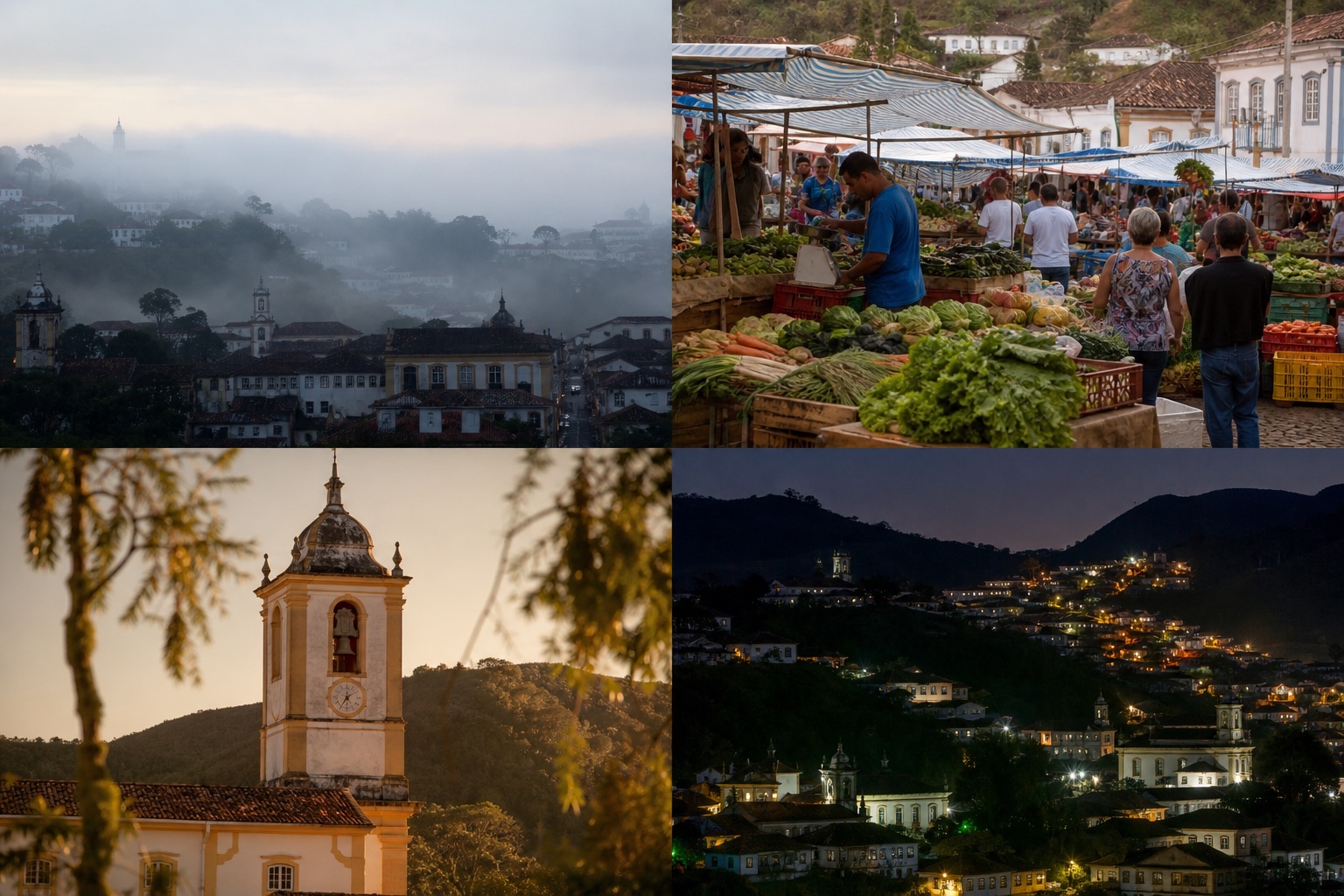 Colagem da cidade serrana em quatro momentos do dia: neblina do amanhecer, feira da manhã, tarde dourada na igreja e luzes noturnas das colinas