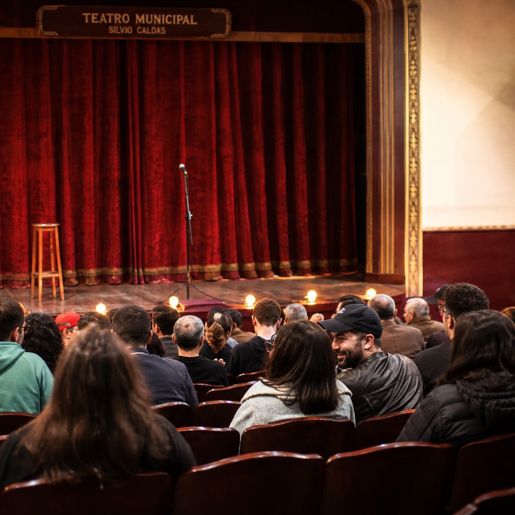Interior de um teatro histórico antes da sessão: cortina de veludo vermelho, luzes de ribalta e um banqueta com microfone no palco